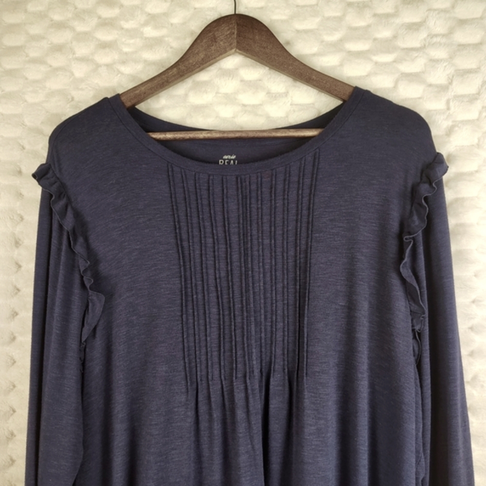 Aerie Navy Real Soft Pleated Shirt with Ruffle Accents Women's Size XXL